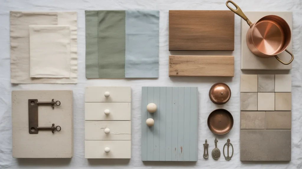 French country kitchen essential materials including fabrics, wood samples, and vintage hardware