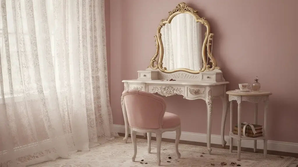 Coquette Home Aesthetic furniture with vintage vanity tufted chair and ornate mirror
