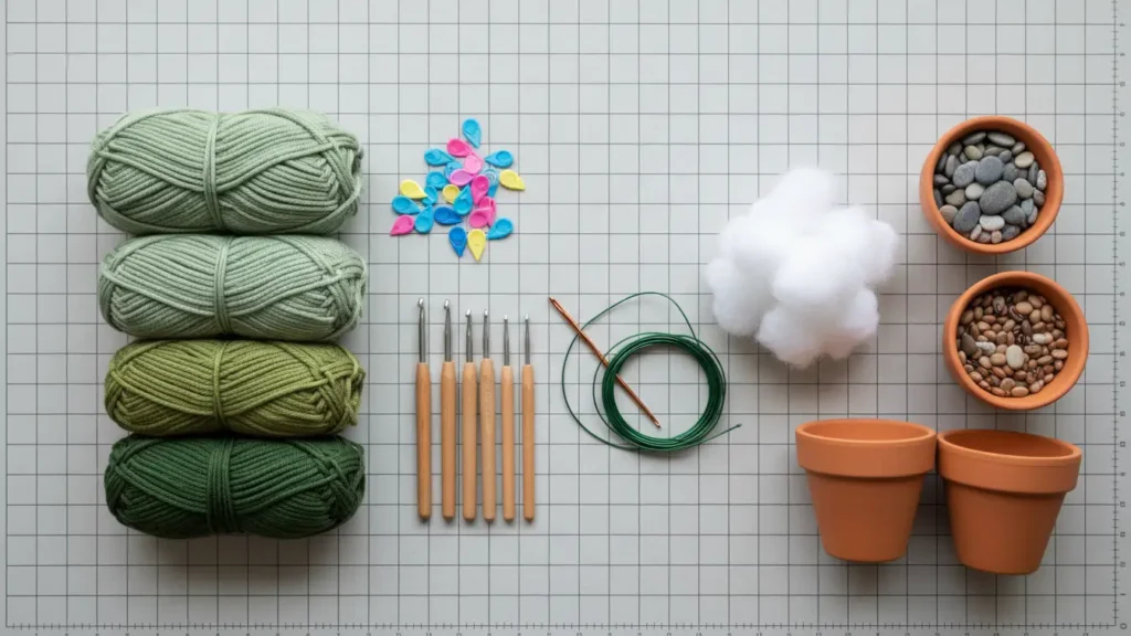 Cute Crochet Plant Ideas supplies setup with green yarn, hooks, stuffing, stitch markers, and small pots.