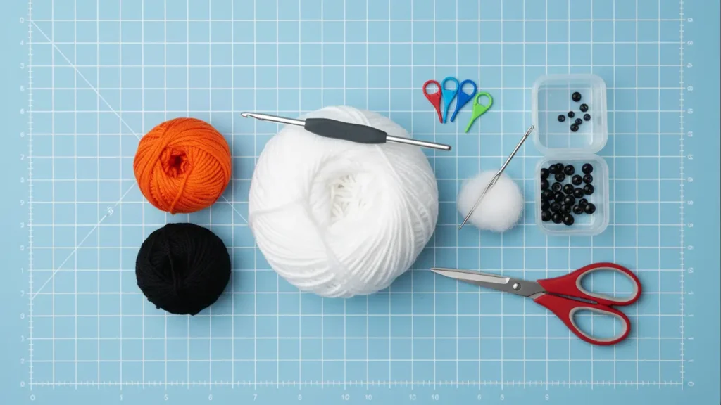 Crochet Amigurumi Snowman Beginner Tutorial materials flat-lay with yarn, hook, stuffing, needle, and stitch markers.