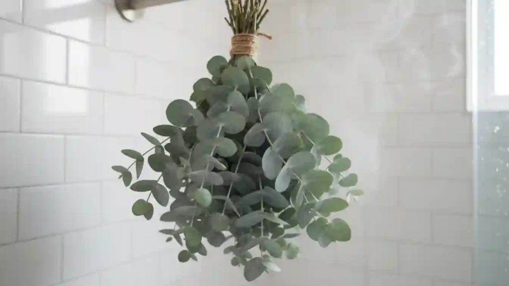 fresh eucalyptus bundle tied to a shower head filling the space with natural scent and acting like living shower plants