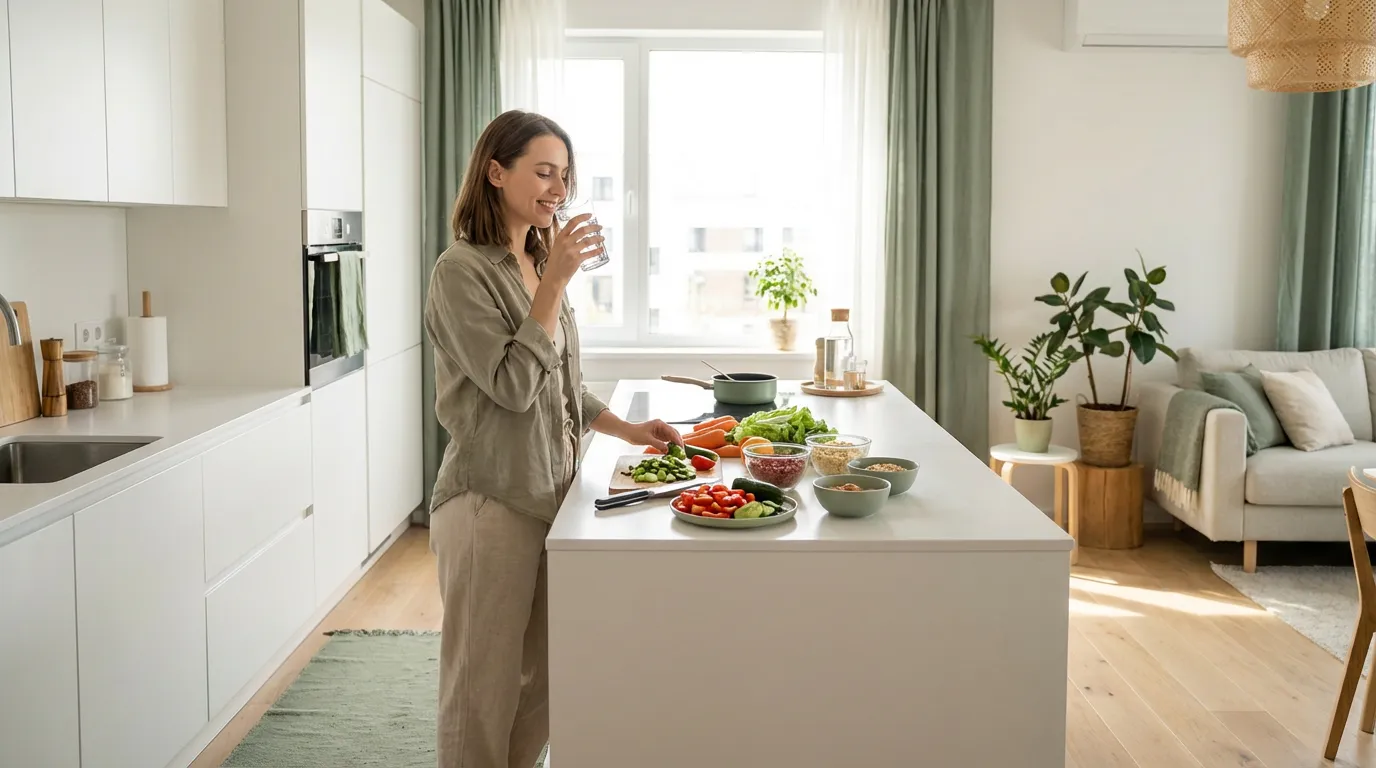 Slim woman preparing a healthy meal and drinking water in a bright kitchen, illustrating the 10 habits of people who never gain weight