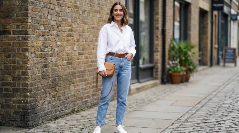 Oversized Shirt Outfit Ideas: a confident woman smiling in the street