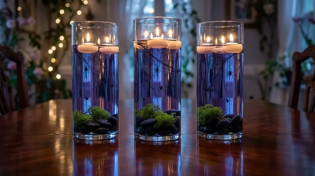Halloween Dining Room Decor Ideas with floating candles in glass cylinders and tinted water for a magical spooky look.