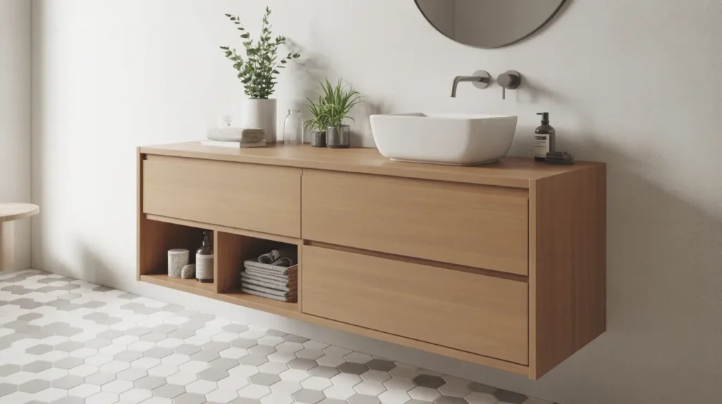 Modern Scandinavian bathroom with light oak floating vanity, white vessel sink, matte black faucet, round mirror and hexagon floor tiles showing open floor space