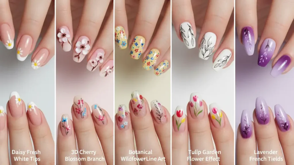 Collage of seven floral and botanical manicures with daisies, 3D cherry blossoms, wildflowers, botanical line art, pressed flowers, tulip French tips and lavender field designs.