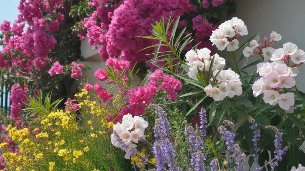 Bright mix of bougainvillea, oleander, lavender, and yellow blooms in a sunny border on yourselflovehub.com.
