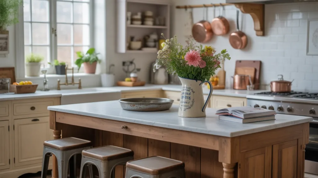 Inspiring French country kitchen design with rustic island and copper accents