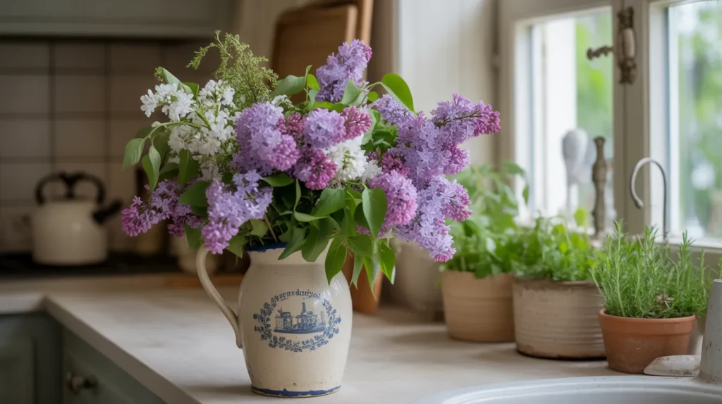 Fresh lilac flowers in vintage pitcher adding charm to French country kitchen