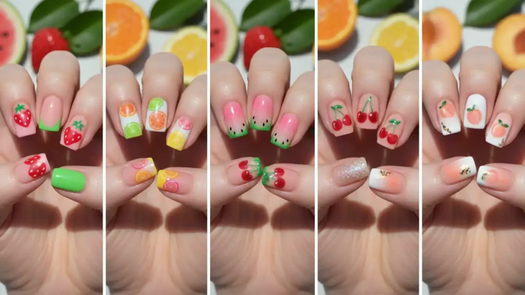 Collage of five fruity manicures featuring strawberry, citrus slice, watermelon, cherry and peach gradient nail art.