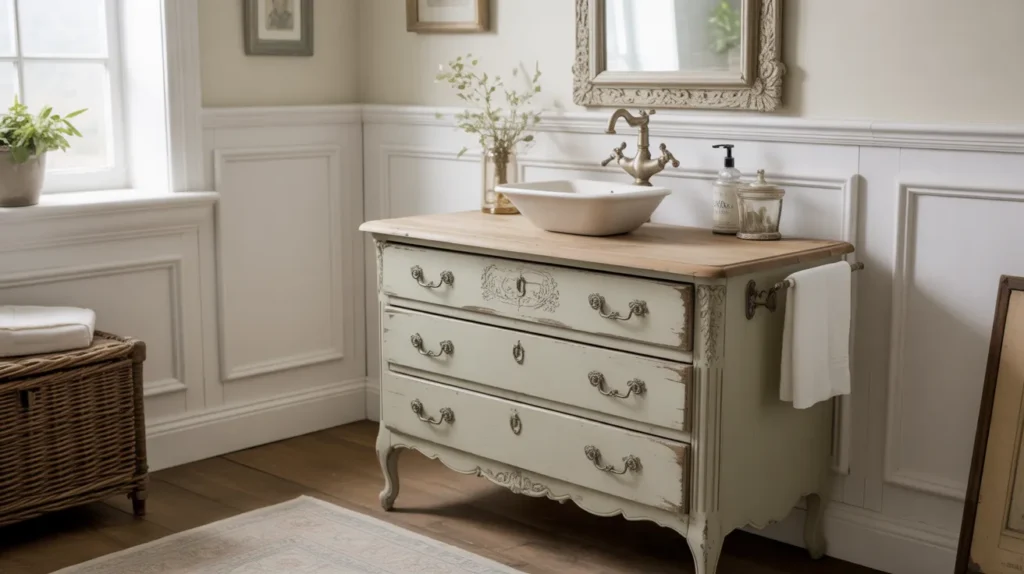 Charming bathroom vanity made from vintage wooden dresser with vessel sink, ornate hardware, bronze faucet and decorative mirror in soft natural light