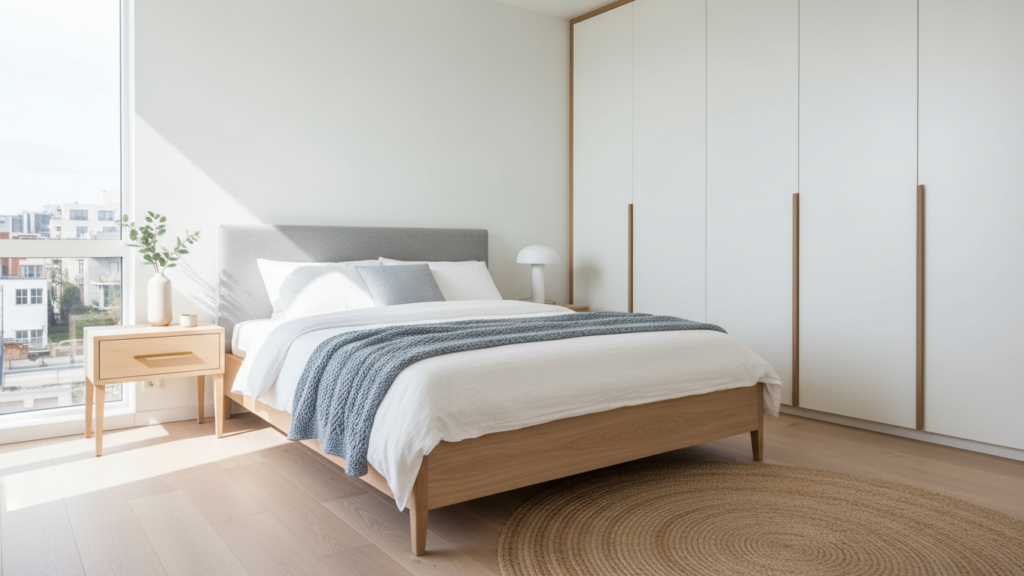 Best Scandinavian Bedroom Design Ideas showing minimalist ash wood bed, floating nightstands, and a built-in wardrobe in a bright bedroom