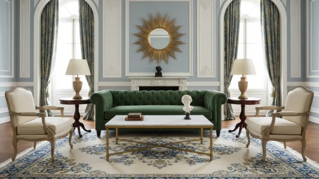 Neoclassical living room furniture arrangement with tufted sofa, paired armchairs, marble coffee table and large rug defining the seating area.