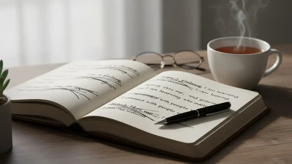 Open journal with crossed out and rewritten thoughts beside a cup of tea showing mindset work and self reflection for a mental wellness article on YourselfLoveHub.com