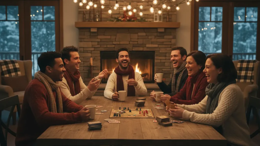 YourselfLoveHub cozy indoor friends night with board games, warm lights, and genuine laughter.