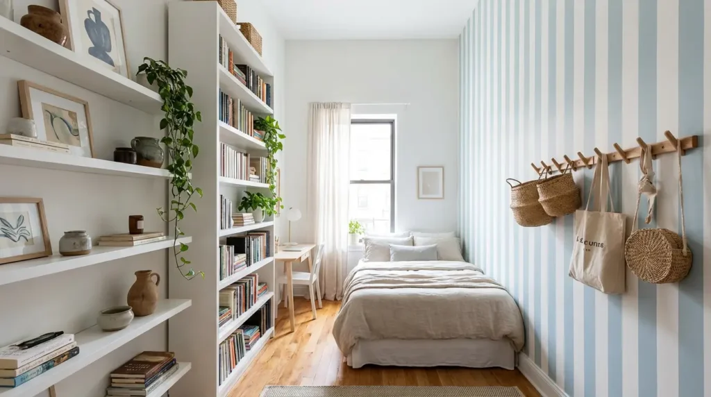 Vertical storage solutions demonstrating small bedroom ideas that make your room feel bigger without clutter