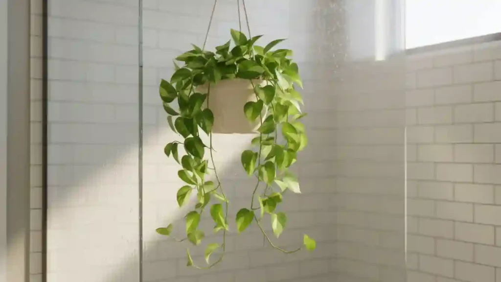 golden pothos trailing from a hanging pot near the shower glass showing how easy shower plants can soften hard tiles