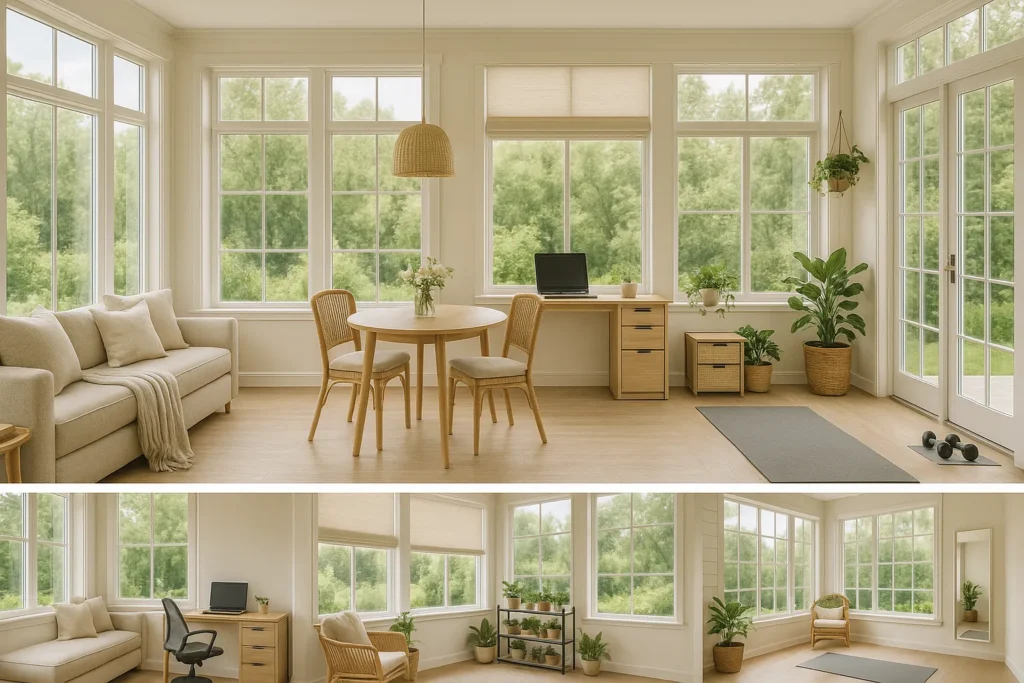 collage of different sunroom ideas bu functions