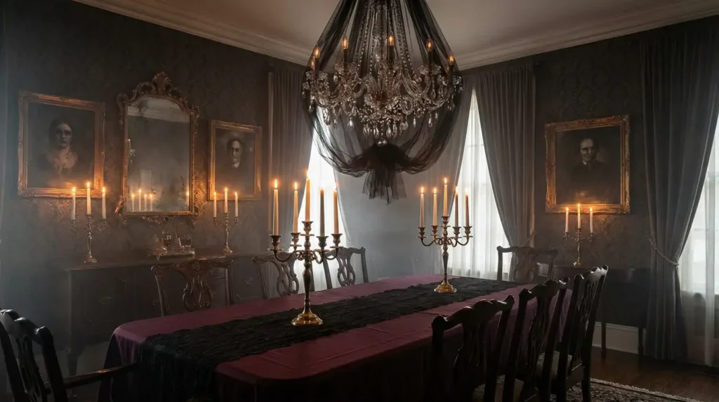 Creating Victorian Horror: Halloween Dining Room Decor Ideas in Victorian gothic style with black tulle, eerie portraits, lace runner, and candle glow.