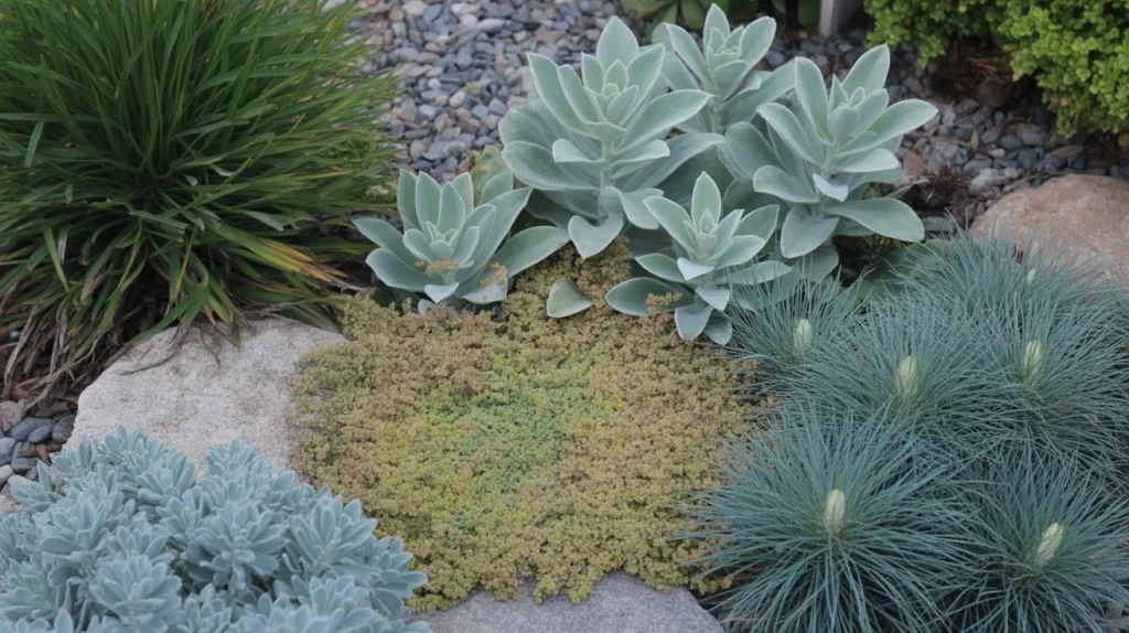Close-up of low-growing sedum, succulents, and ornamental grasses adding texture for Mediterranean Garden Ideas.