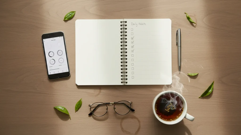 Flat lay of a habit-tracking notebook, pen, glasses, herbal tea and phone on a wooden table, styled like a wellness planning scene for Yourself Love Hub.