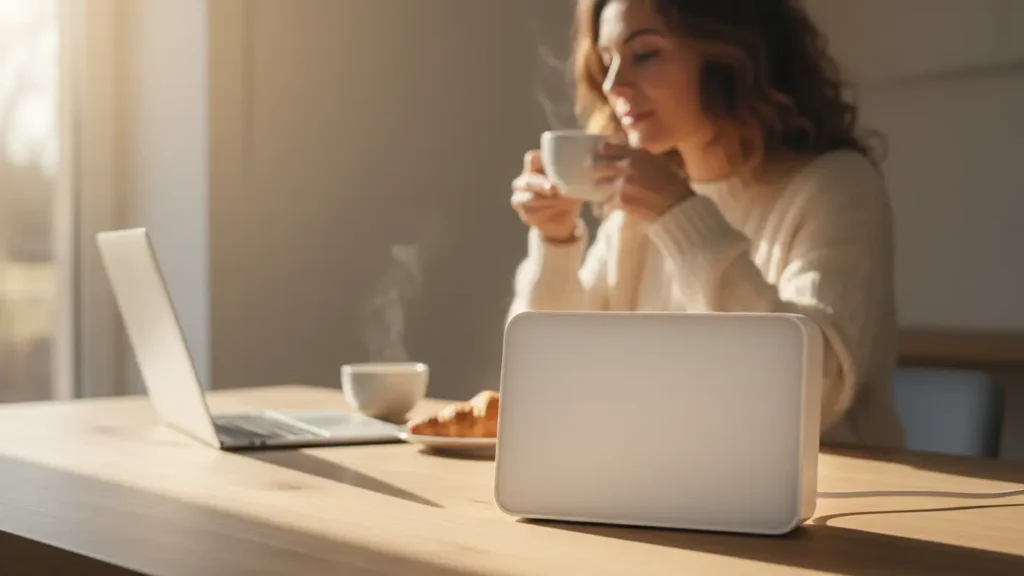 YourselfLoveHub light therapy morning setup on breakfast table with calm productivity vibe.