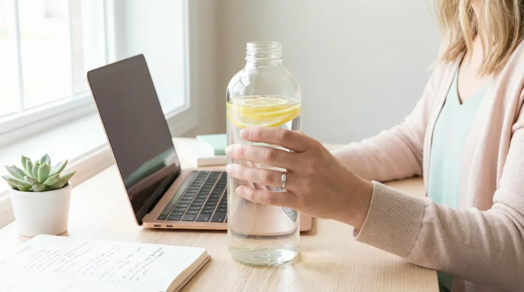 Close-up of a woman holding a clear lemon water bottle at her desk, showing daily hydration from the 10 habits of people who never gain weight