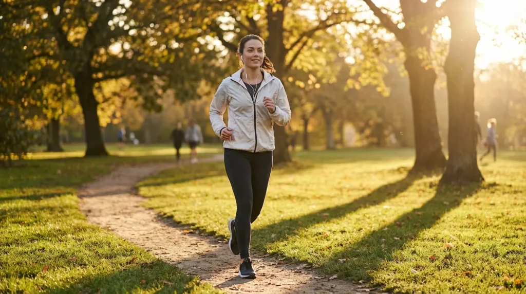Woman walking briskly in a sunny park in athleisure, capturing active lifestyle from the 10 habits of people who never gain weight