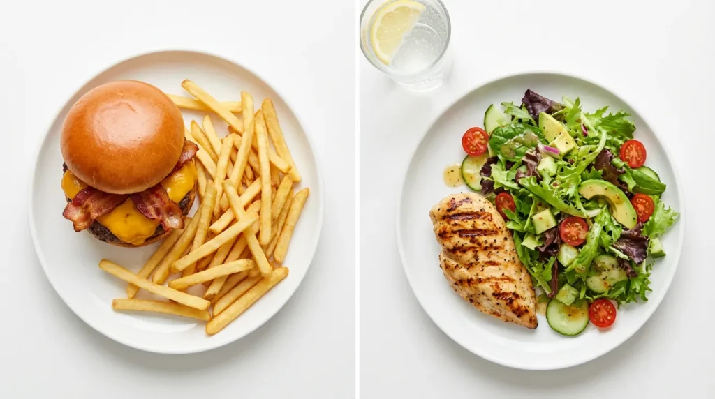 Overhead split plate with fast food vs balanced meal, visualizing smart swaps from the 10 habits of people who never gain weight