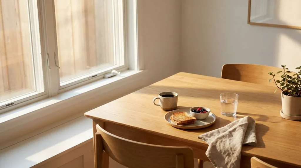 Minimalist table with black coffee, water and simple breakfast, reflecting mindful coffee habits from the 10 habits of people who never gain weight