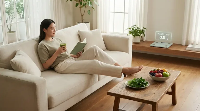 Relaxing on a cozy sofa with a green smoothie and journal, showing how to lose weight without moving your body through calm, healthy habits.
