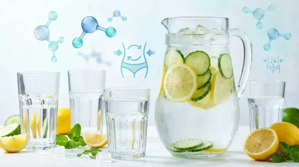 Refreshing lemon and cucumber detox water setup, highlighting how smart hydration can help you lose weight without moving your body.