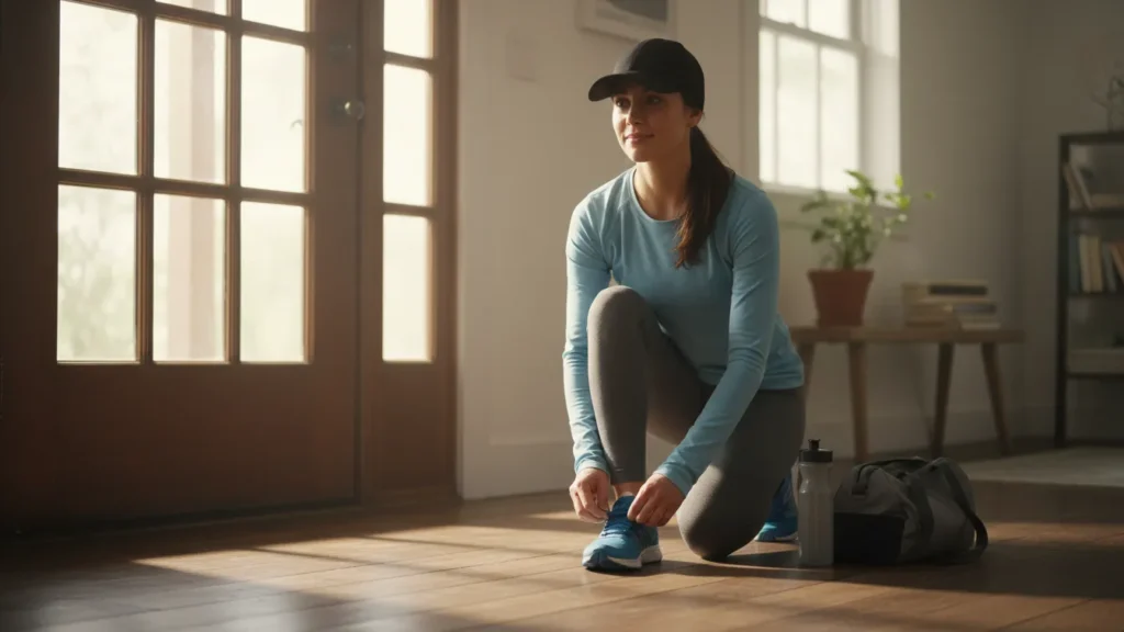 Woman tying running shoes by the door at sunrise, disciplined healthy lifestyle inspiration for YourselfLoveHub.com