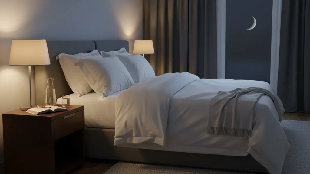 Calm bedroom with white bedding, soft lamp and blackout curtains, nighttime wellness scene for a sleep article on YourselfLoveHub.com