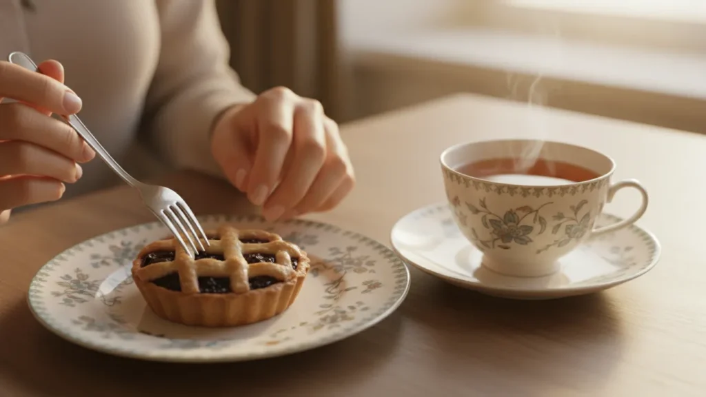 Small dessert portion in a pretty bowl with tea on the side, mindful treat moment for a healthy habits post on YourselfLoveHub.com