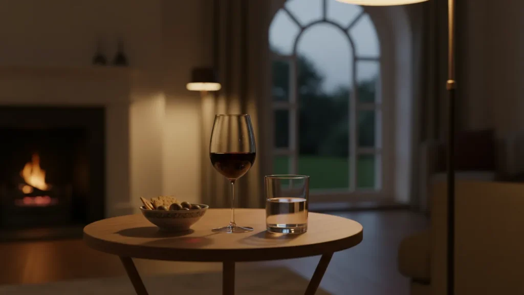 Single glass of wine beside water and snacks at night, balanced drinking lifestyle image for YourselfLoveHub.com