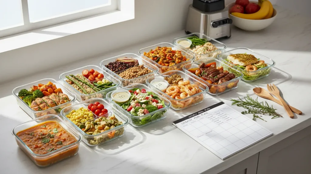 Organized kitchen counter with colorful meal prep containers and weekly plan, weight maintenance routine for YourselfLoveHub.com
