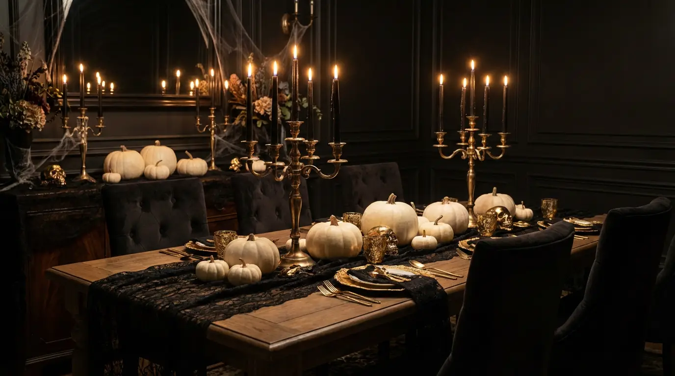 Halloween Dining Room Decor Ideas with a luxe gothic tablescape, black lace runner, brass candelabras, and white pumpkins at night.