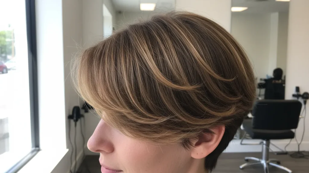 Honey Brown Balayage Ideas for Short Hair on a textured pixie with face-framing honey pieces