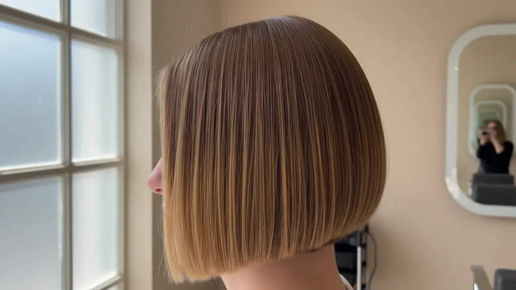 Honey Brown Balayage Ideas for Short Hair on a blunt bob with subtle honey tips and clean blend