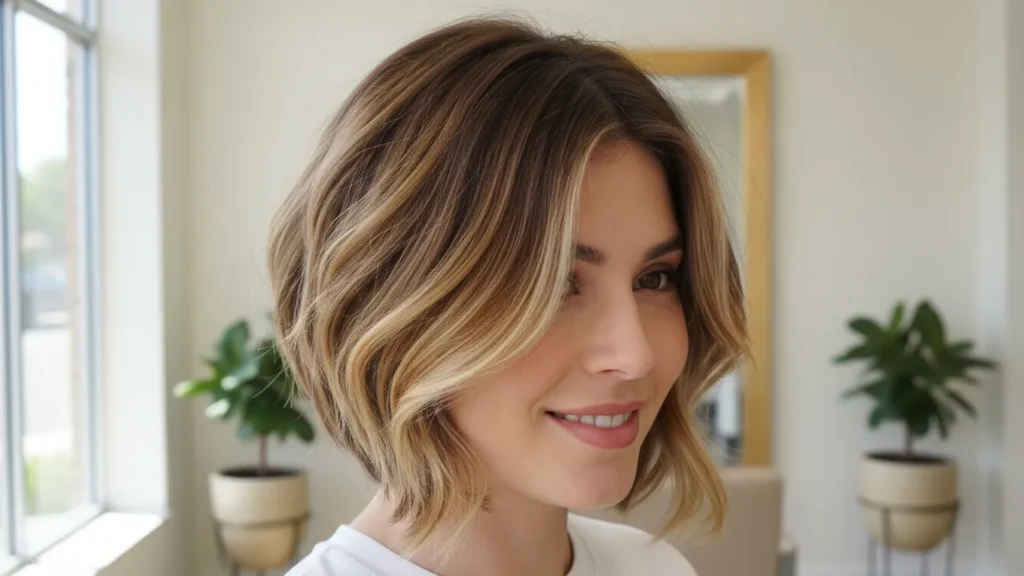 Honey Brown Balayage Ideas for Short Hair on an inverted bob with brighter honey front pieces