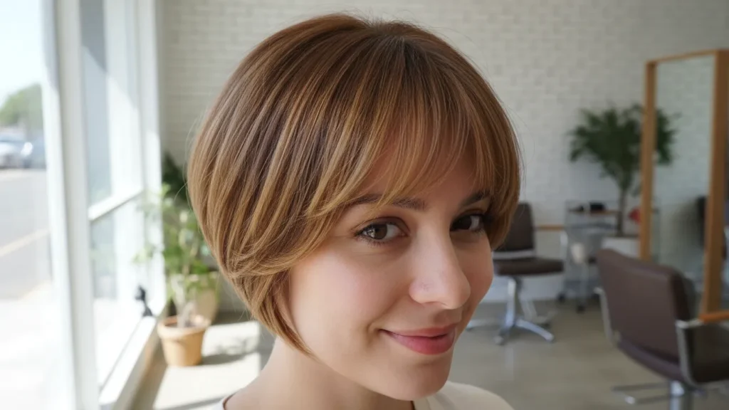 Honey Brown Balayage Ideas for Short Hair with curtain bangs and warm honey highlights