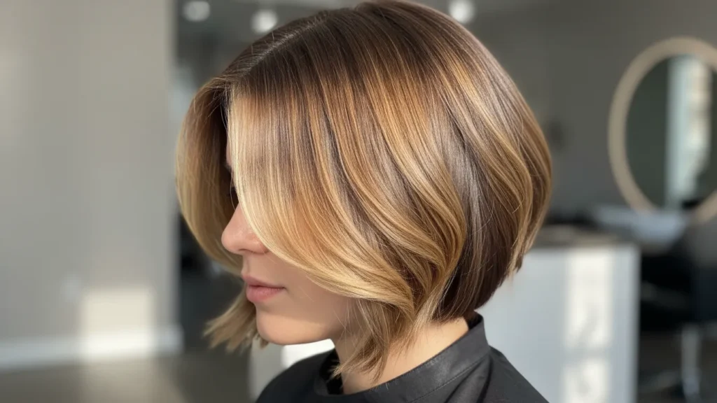 Honey Brown Balayage Ideas for Short Hair with a bright honey money piece framing the face