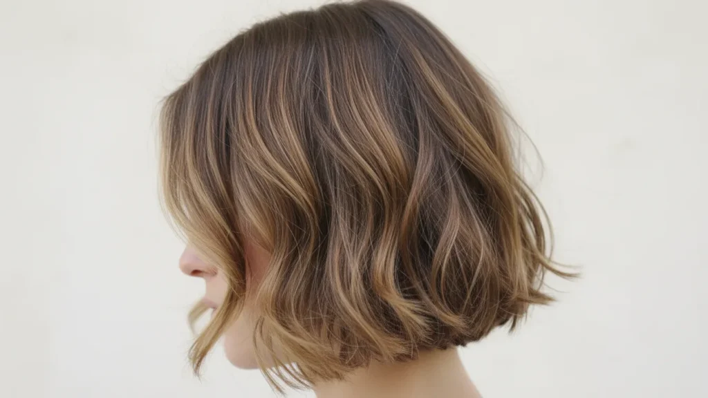 Natural air-dry short hair texture enhanced with honey brown balayage — YourselfLoveHub.com