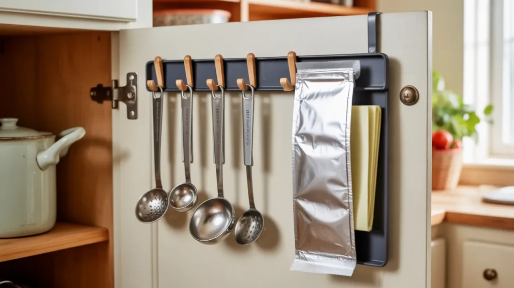 Hooks and door organizers adding extra storage inside kitchen cabinets