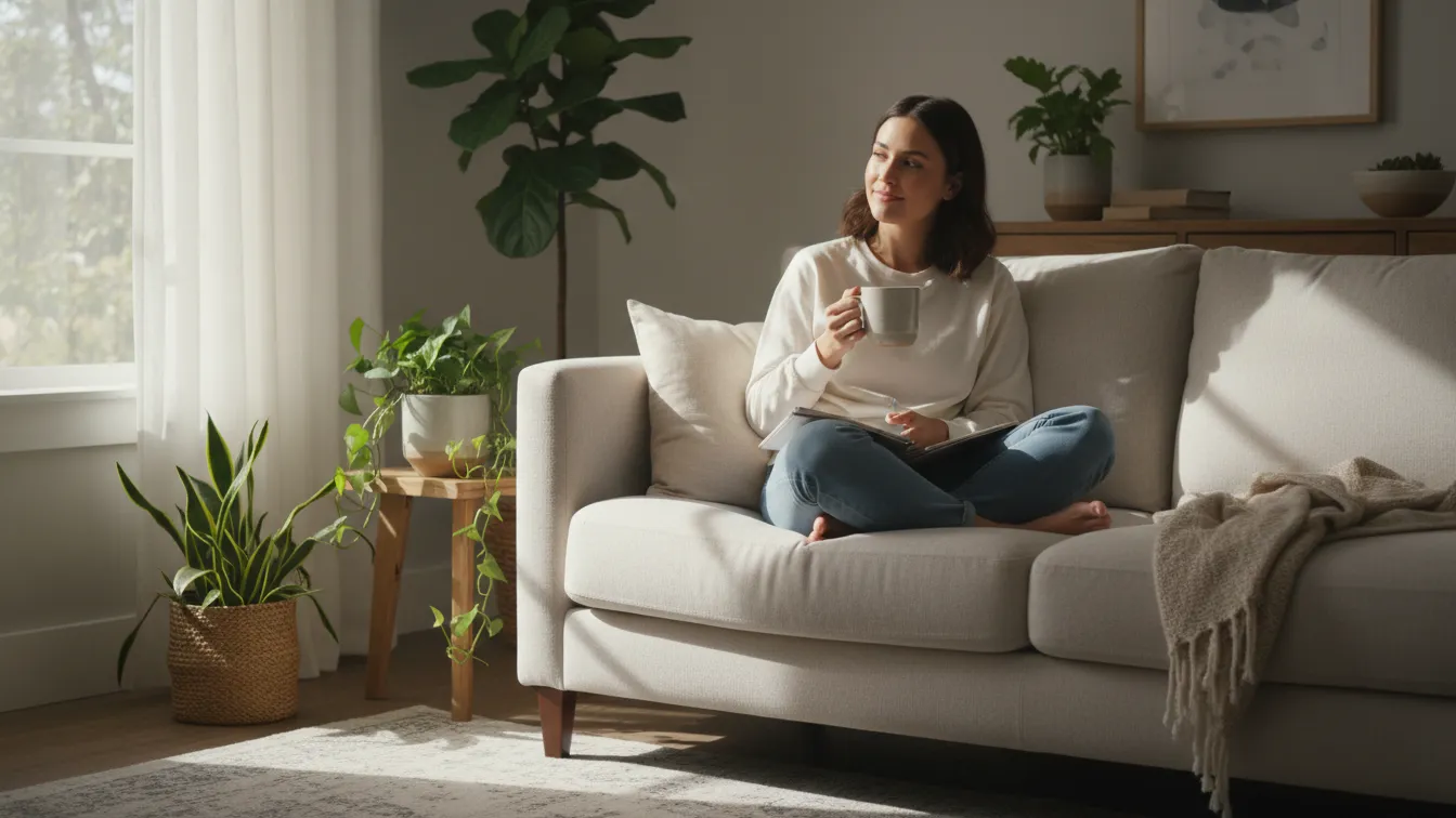 how to make a self care routine stick woman relaxing on sofa writing in notebook with tea in a calm living room