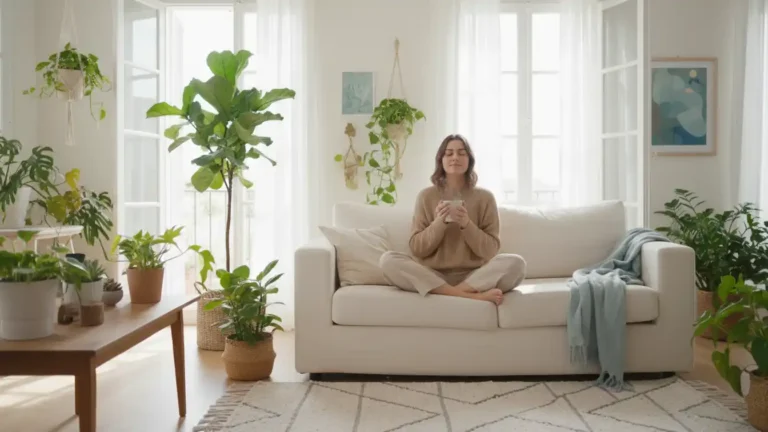 Woman relaxing in a bright living room with plants and open windows looking lighter and calmer after working to remove negative energy from your life for good