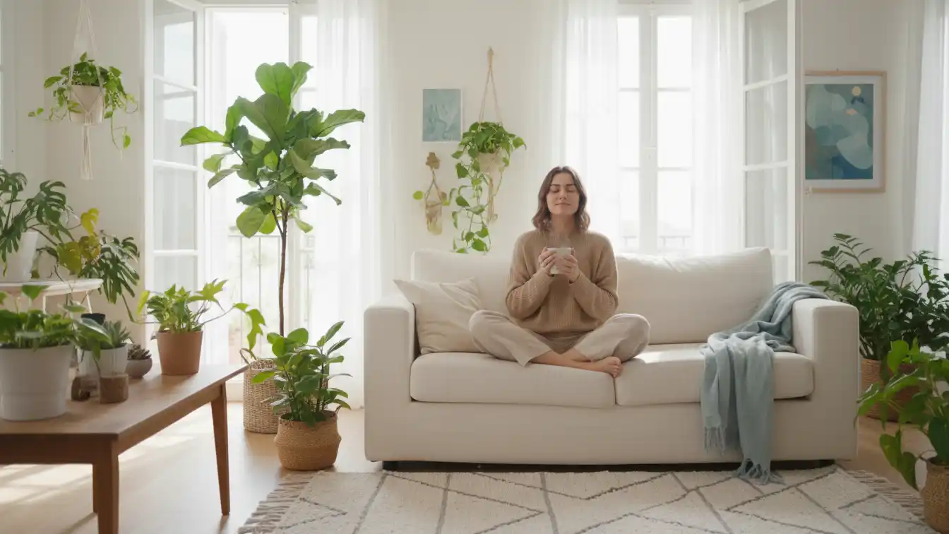 Woman relaxing in a bright living room with plants and open windows looking lighter and calmer after working to remove negative energy from your life for good