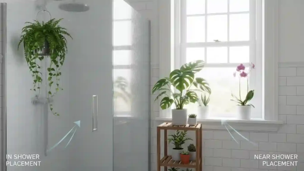 various shower plants placed on corner shelves window ledge and hanging near a glass shower showing ideal spots