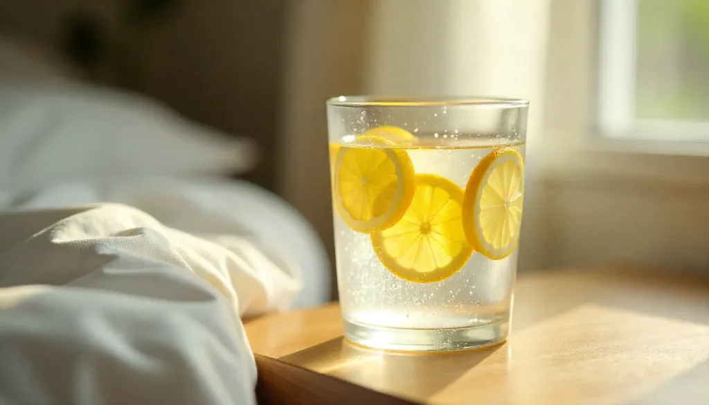 Hand reaching for large glass of water beside coffee mug on nightstand, healthy morning routine by Yourself Love Hub.